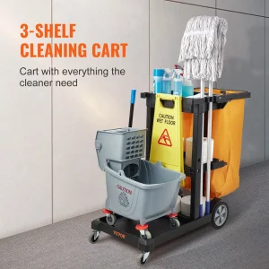 VEVOR Cleaning Cart, 3-Shelf Commercial Janitorial Cart, 200 lbs Capacity Plastic Housekeeping Cart, with 25 Gallon PVC Bag, 47 x 20 x 38.6in, Yellow&Black